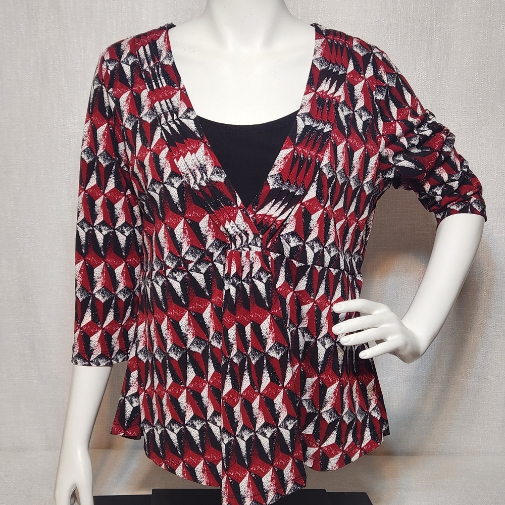 Grace Elements Blouse V Neck Overlay Geometric Business XL